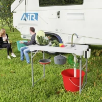 Outsunny Folding Fish Cleaning Table with Sinks, Portable Camping Sink Table with Faucet, Drainage Hose, Sprayer, Shelf, Drawer and Storage Basket, Outdoor Fillet Table for Picnic Beach Patio, White(m-10)