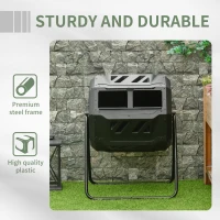 Outsunny 43 Gallon (160L) Tumbling Compost Bin Outdoor Dual Chamber 360° Rotating Composter with Sliding Doors, Solid Steel Frame and Gloves, Black(m-7)