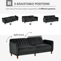 HOMCOM Convertible Sofa Sleeper Futon with Split Back Design Recline, Thick Padded Velvet-Touch Cushion Seating and Wood Legs, Black(m-5)