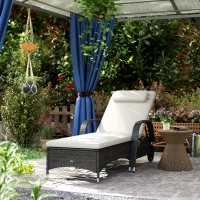 Outsunny Outdoor Chaise Lounge, 5-Level Adjustable Backrest Rattan Pool Lounge Chair with Wheels, Cushion & Headrest, Cream(m-2)