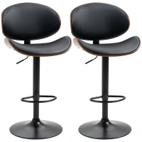 HOMCOM Bar Stools Set of 2, Modern PU Leather Adjustable Swivel Barstools with Curved Back, Footrest and Steel Base, Black(m-2)