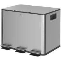 HOMCOM Triple Garbage Bin, Soft-Close Trash Can with Foot Pedal, 3 x 20 Liter Garbage Can with Removable Inner Buckets, Silver(m-2)