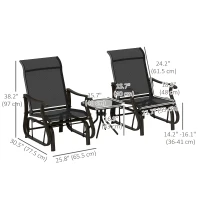Outsunny 3PCs Gliding Rocking Chair & Bistro Tea Table Set, Black(m-3)