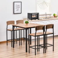 HOMCOM 5-Piece Counter Height Bar Table with Space-Saving Design, Square Kitchen Table and Chairs Set with Footrest, Metal Legs, Industrial Dining Table Set for 4, Walnut(m-10)