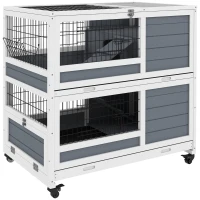 PawHut 2-Tier Indoor Rabbit Hutch Rabbit Cage with Wheels, Feeding Trough, Gray(m-11)