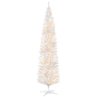 HOMCOM 8ft Pencil Christmas Tree, Slim Artificial Christmas Tree with Realistic Branches and Warm White LED Lights, White(m-11)