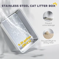 PawHut Stainless Steel Cat Litter Box with Lid, High Sided, Scoop, Easy Clean, Non-Sticky & Anti-Leakage, Light Grey(m-4)