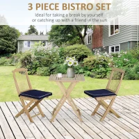 Outsunny 3 Pieces Patio Folding Bistro Set, Outdoor Pine Wood Table and Chairs Set with Tie-on Cushion & Square Coffee Table, Great for Indoor, Poolside, Garden, Dark Blue(m-4)