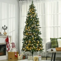 HOMCOM 7.5' Decorated Christmas Trees, Skinny Prelit Artificial Christmas Tree with Snow-dipped Branches, Auto Open, Pinecones(m-10)