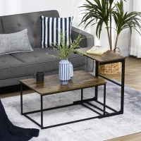 HOMCOM Nesting Tables Set of 2, Industrial Style Coffee Table Set with Metal Frame & Adjustable Foot Pads for Living Room, Bed Room, Brown(m-8)