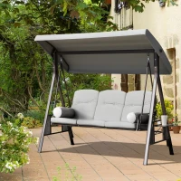 Outsunny Outdoor Patio 3-Person Steel Canopy Cushioned Seat Bench Swing with Included Side Trays & Padded Comfort, Light Grey(m-8)