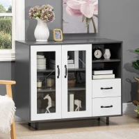 HOMCOM Kitchen Buffet Cabinet, Storage Sideboard with Glass Doors Cupboard, 2 Drawers and 2 Open Shelves, Charcoal Grey(m-8)