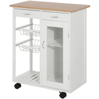 HOMCOM 28" Rolling Kitchen Island with Storage, Kitchen Cart with Solid Bamboo Top, Wire Basket,Door Cabinet and Drawers, White(m-11)