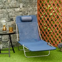 Outsunny Folding Chaise Lounge Chair, Pool Sun Tanning Chair, Outdoor Lounge Chair with Reclining Back, Breathable Mesh Seat, Headrest for Beach, Yard, Patio, Dark Blue(m-2)