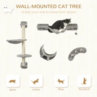 PawHut 4Pcs Cat Wall Shelf with Scratching Post, Cat Wall Shelves for Relaxing, Climbing, Cat Wall With Soft Ladder, Hammock, Play Balls, Grey(m-4)