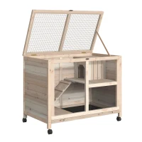 PawHut Indoor Rabbit Hutch with Wheels, Bunny Cage Guinea Pig House W/ Top Access, Ramp, Pull Out Tray, Natural Wood(m-10)