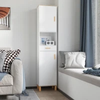 kleankin Bathroom Storage Cabinet with Cupboards and Drawer, Floor Free Standing Linen Tower, Tall Slim Side Organizer Shelves, White(m-7)