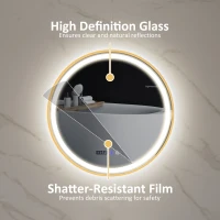 HOMCOM 28" Round Bathroom Mirror with LED Lights, Wall Mounted Vanity Mirror with Anti-Fog Pad, Time and Temp Display, Gold(m-7)