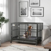 PawHut 48" Heavy Duty Dog Crate Metal Cage Kennel with Lockable Wheels, Double Door and Removable Tray, gray(m-10)