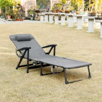 Outsunny Outdoor Folding Lounge Chaise Chair, Pool Chair with Adjustable Backrest, Pillow and Cup Holder for Poolside, Deck, Lawn, Gray(m-10)