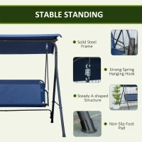 Outsunny 3-Person Porch Swing with Stand, Outdoor Swing for Patio Porch with Adjustable Tilt Canopy and Comfortable Swing Bench-Style Seat, Steel Frame, Dark Blue(m-5)