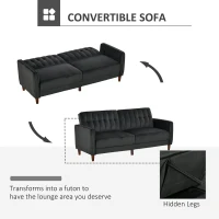 HOMCOM Convertible Sofa Sleeper Futon with Split Back Design Recline, Thick Padded Velvet-Touch Cushion Seating and Wood Legs, Black(m-4)