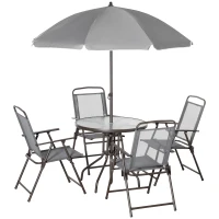 Outsunny 6 Piece Patio Dining Set for 4 with Umbrella, with 4 Folding Dining Chairs & Round Glass Table for Garden, Gray(m-11)