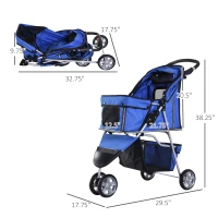 PawHut 3 Wheels Foldable Dog Stroller with Storage Basket, Adjustable Canopy, Cupholder for Miniature and Small Dogs, Blue(m-3)