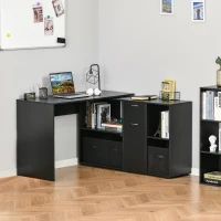 HOMCOM Convertible L-Shaped Computer Desk, Corner Table wth 3 Fabric Storage Boxes, Retractable Home Office Desk, Black(m-1)