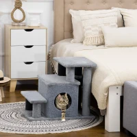 PawHut Adjustable Height 3 Step/4 Step Cat Stairs with Cat Scratching Post, Cat Condo, Toy Ball, for Bed, Sofa, Couch, Gray(m-10)
