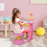 Qaba Kids Toy Keyboard Piano Toddler Electronic Instrument with Stool, Microphone and Bright Flashlight for Children Birth Gift, Pink(m-2)