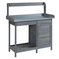 Outsunny Outdoor Potting Bench Table, Garden Work Station with Storage Cabinet, Open Shelf and Steel Tabletop, Gray(m-11)
