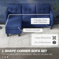 HOMCOM L-shaped Sofa, 3 Seater Sectional Couch with Ottoman, Corner Sofa with Thick Padded Cushion and Wood Legs, Dark Blue(m-5)
