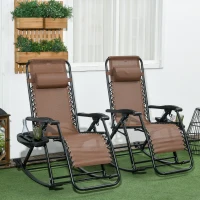 Outsunny 2 Outdoor Rocking Chairs Foldable Reclining Zero Gravity Lounge Rockers w/ Pillow Cup & Phone Holder, Brown(m-10)