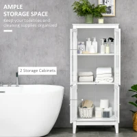 kleankin Bathroom Floor Cabinet with 2 Storage Cabinets, Tempered Glass Door, Freestanding Linen Tower with Adjustable Shelves for Living Room, White(m-4)