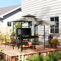Outsunny 8' x 5' Grill Gazebo, Double Tiered Barbecue Grill Gazebo Shelter with Side Awning, 2 Side Shelves, 6 Hooks, Light Grey(m-10)