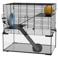 PawHut Hamster Cage, Gerbil Cage with Glass Basin for Small Hamsters, Black(m-2)