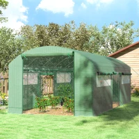 Outsunny 19.5' x 10' x 7.5' Walk-in Tunnel Greenhouse with 3 Roll-Up Doors and Large Mesh Windows, Outdoor Green House, Plant Hot House Tent with Galvanized Steel Frame, Green(m-8)