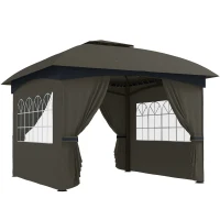 Outsunny 11' x 11' Outdoor Gazebo, Double Roof Patio Gazebo with Curtains, Church Windows, Galvanized Steel Frame, Dark Gray(m-11)