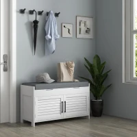 HOMCOM Entryway Bench with Cushion, Hidden Storage, Adjustable Shelves and Shutter Doors, 35.4" Shoe Bench, White(m-8)