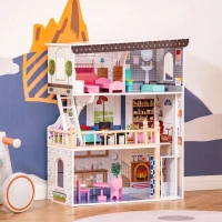 Qaba 13 PCS Kids 3-Story Dollhouse, Dreamhouse Villa, for Toddler, Little Girls, Multi-level House, with Elevator, Furniture Accessories Kit, for 3-6 Years Old, Pink(m-8)