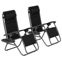 Outsunny Zero Gravity Lounge Chair Set, 2 Pieces Reclining Folding Outdoor Lounge Chairs with Headrest Side Tray, Black(m-1)