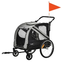 Aosom Dog Bike Trailer, 2-in-1 Dog Wagon Pet Stroller for Travel with Universal Wheel Reflectors Flag, for Small and Medium Dogs, Grey(m-11)