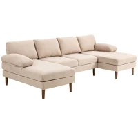 HOMCOM U Shape Couch with Double Chaise Lounge, Modern 4 Seater Sofa with Wooden Legs, Fabric Sofa for Living Room, Beige(m-2)