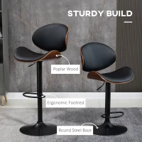 HOMCOM Bar Stools Set of 2, Modern PU Leather Adjustable Swivel Barstools with Curved Back, Footrest and Steel Base, Black(m-7)