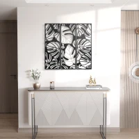 HOMCOM Metal Wall Art Abstract Line Fir Leaves Set of 3 Hanging Wall Sculpture Home Decor for Living Room Bedroom Kitchen 12"x36", Black Gold(m-8)