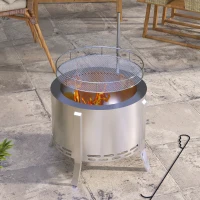 Outsunny 2-in-1 Smokeless Fire Pit BBQ Grill Portable Camping Bonfire Stove with Poker, Stainless Steel, Silver(m-10)