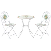 Outsunny 3 Piece Patio Bistro Set, Floral Mosaic Pattern, Metal Folding Chairs, Foldable Outdoor Dining Table for Coffee, Decor, Garden, Poolside, Porch, White(m-1)