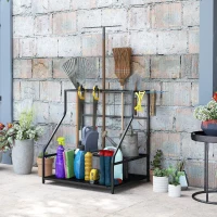 Outsunny 3-Tier Yard Tool Storage Rack, Garden Tool Organizer with Hooks for Long-Handled, Broom, Shovel, Blue(m-10)