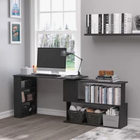 HOMCOM L Shaped Desk, 360° Rotating Corner Desk, Computer Writing Table Workstation with Storage Shelf for Home Office, Black(m-7)